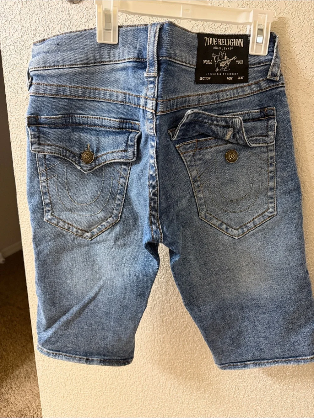 True Religion Distressed Light Blue Denim Shorts